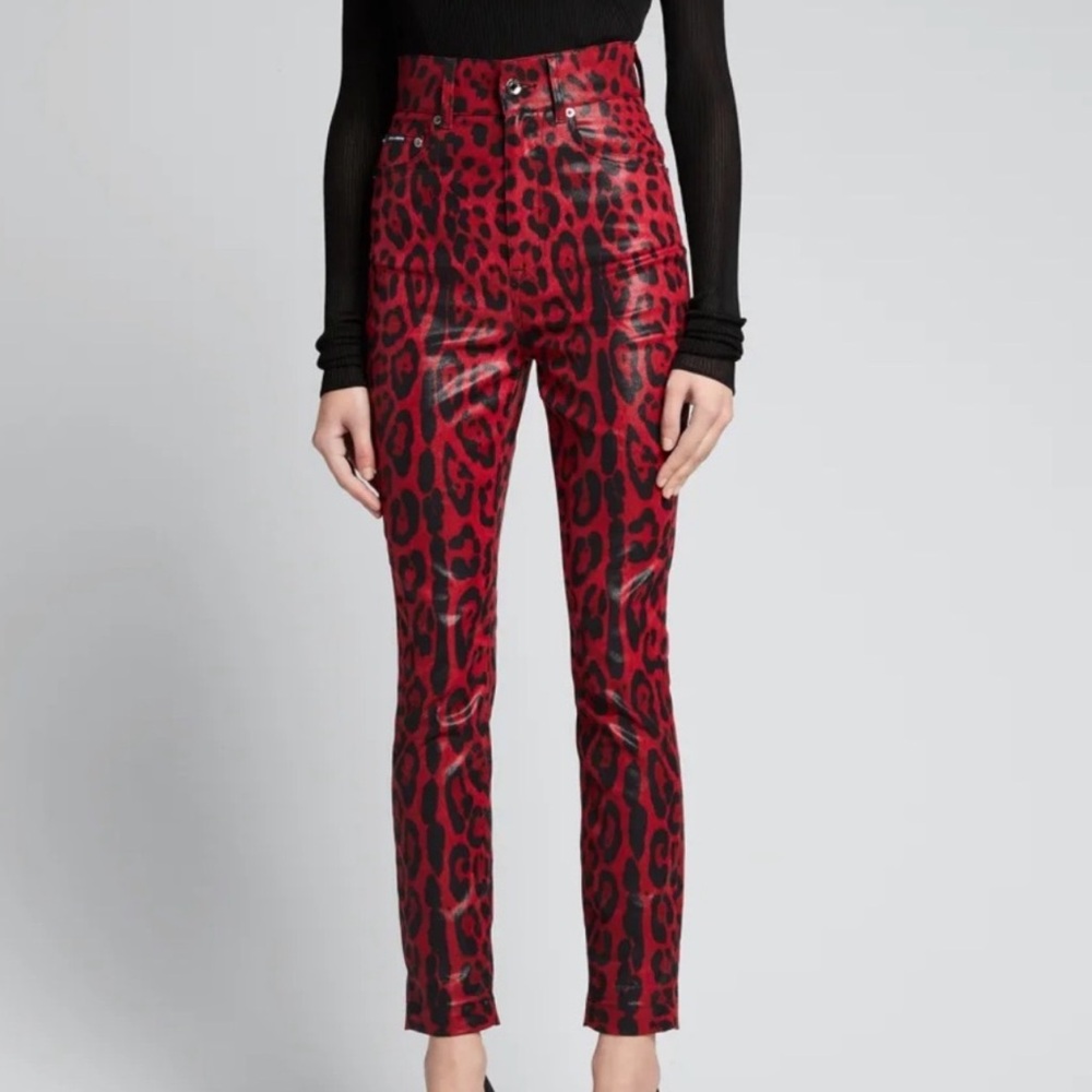 Dolce & Gabbana Red Leopard Print Skinny Pants